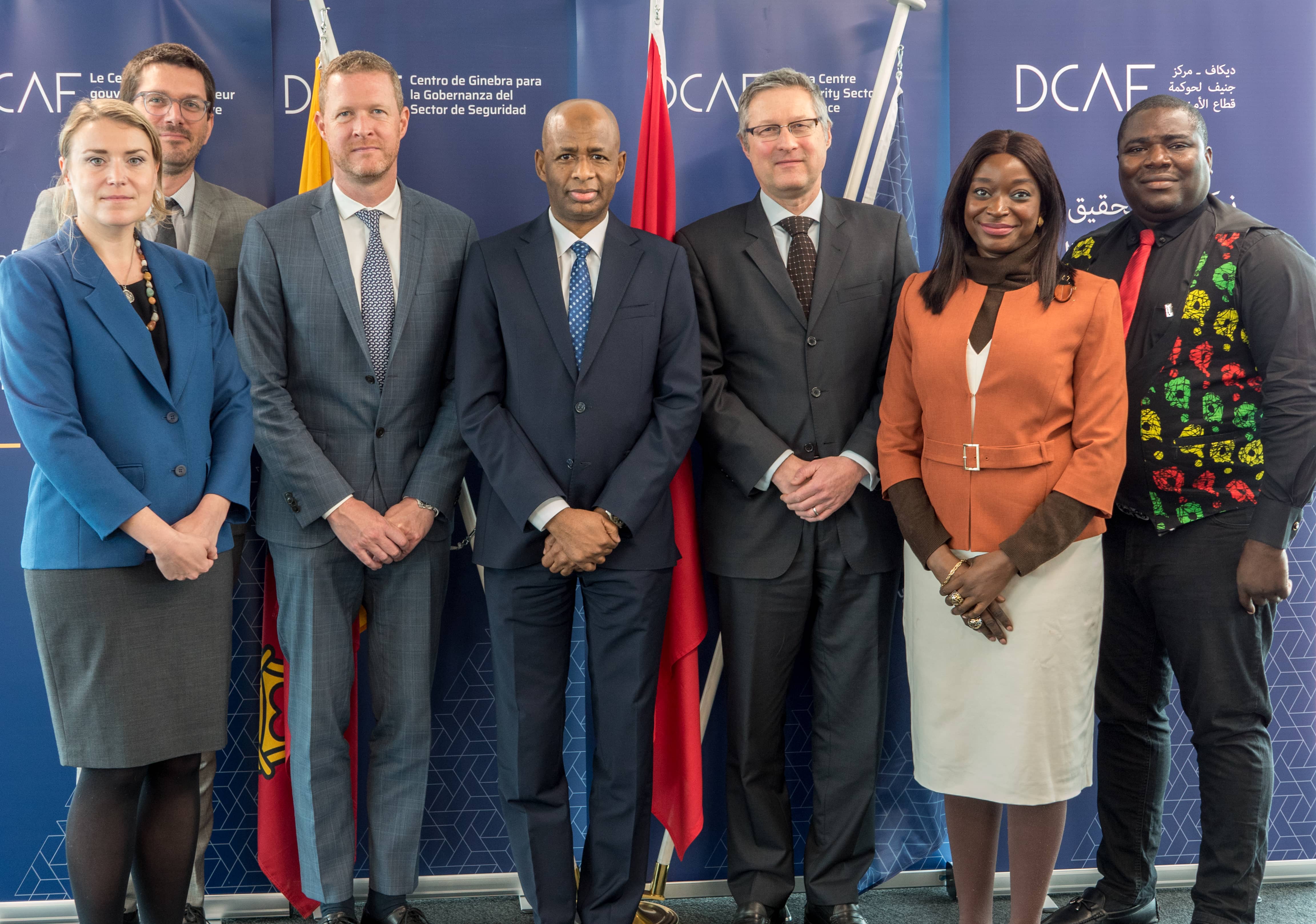 Left to right:  DCAF Programme Managers Anna Marie Burdzy and Antoine Perret; Frédéric Chenais of the Swiss Federal Department of Foreign Affairs; His Excellency Nasir Amin of the Nigeria Ministry of Foreign Affairs, DCAF Director Ambassador Thomas Guerber;  Ms. Moradeke Adenakan of the Nigeria Ministry of Foreign Affairs; Mr. Thompson Oyemade of the Nigeria Ministry of Justice, Geneva, 18 March 2022, Photo: DCAF. 