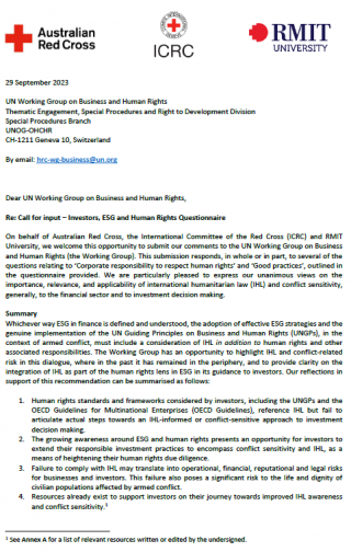 UN Working Group on Business and Human Rights: ICRC answers consultation on investors, ESG and human rights