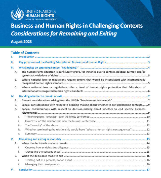 Business and Human Rights in Challenging Contexts Considerations for Remaining and Exiting (OHCHR, 2023)
