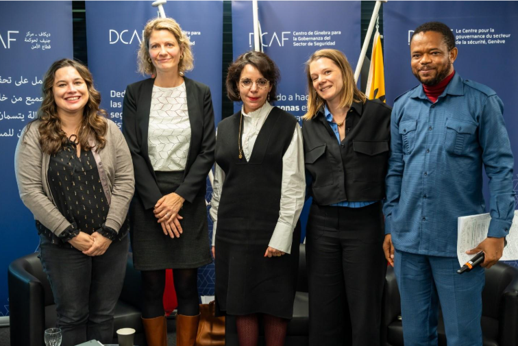 Marlène Wäfler, Principal Programme Manager at DCAF, alongside Nelleke van Amstel of twentyfifty and panelists Izzy Ensor, Hana Missaoui, and Timothée Mbuya.