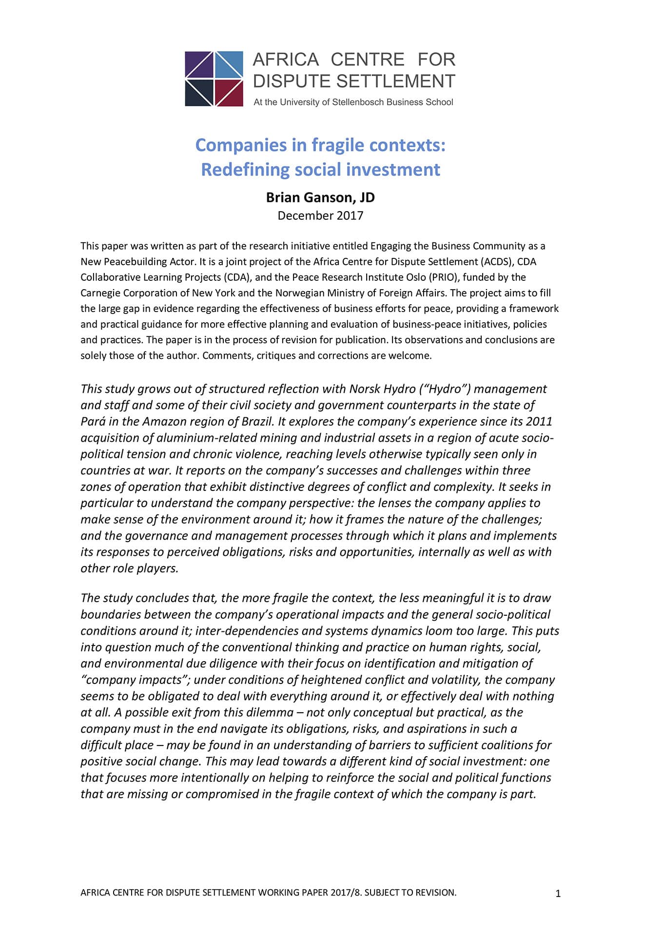 Companies in Fragile Contexts: Redefining social investment