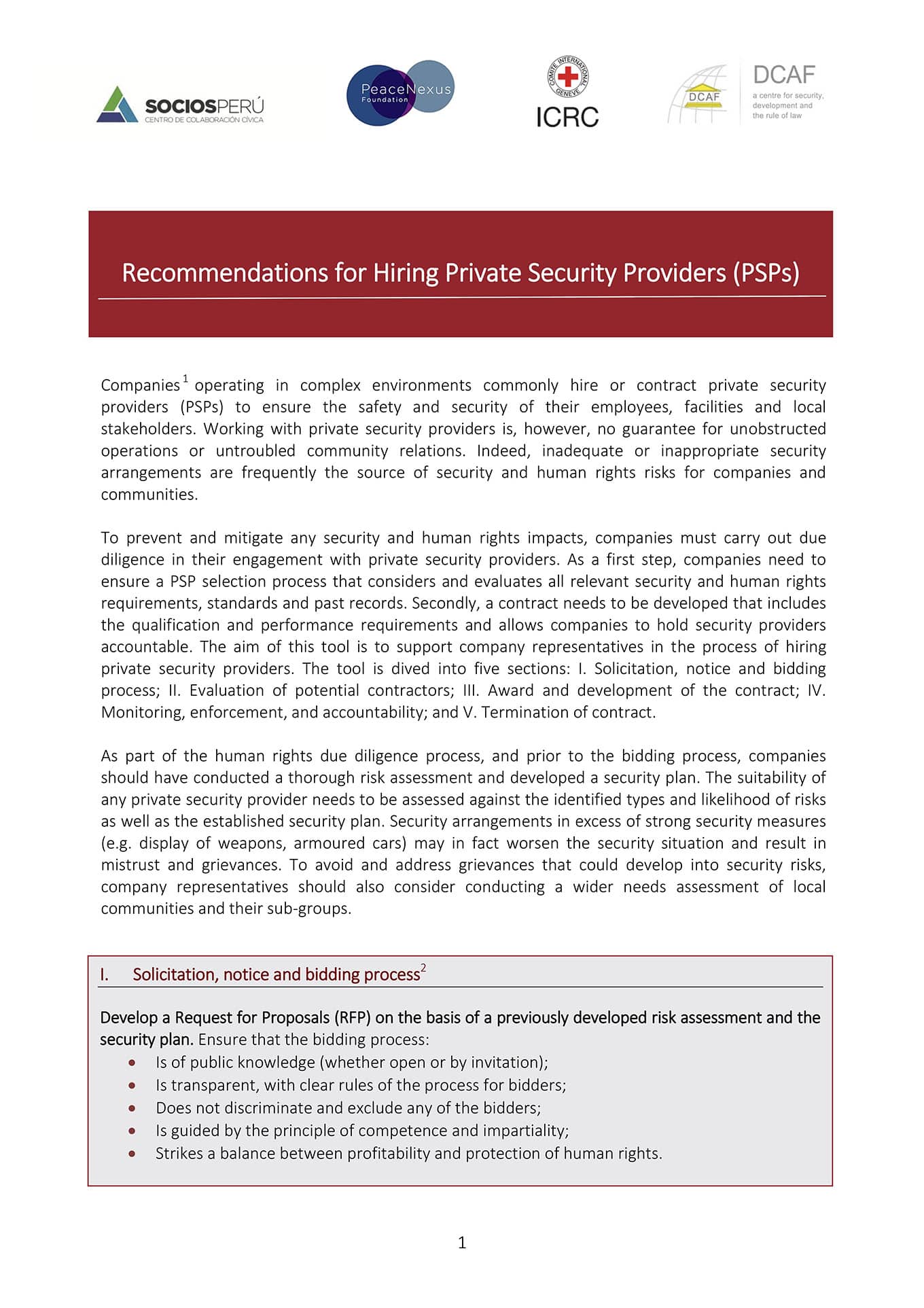 Recomendaciones para la contratación de proveedores de seguridad privada (DCAF, CICR, Socios Peru, y PeaceNexus, 2016)