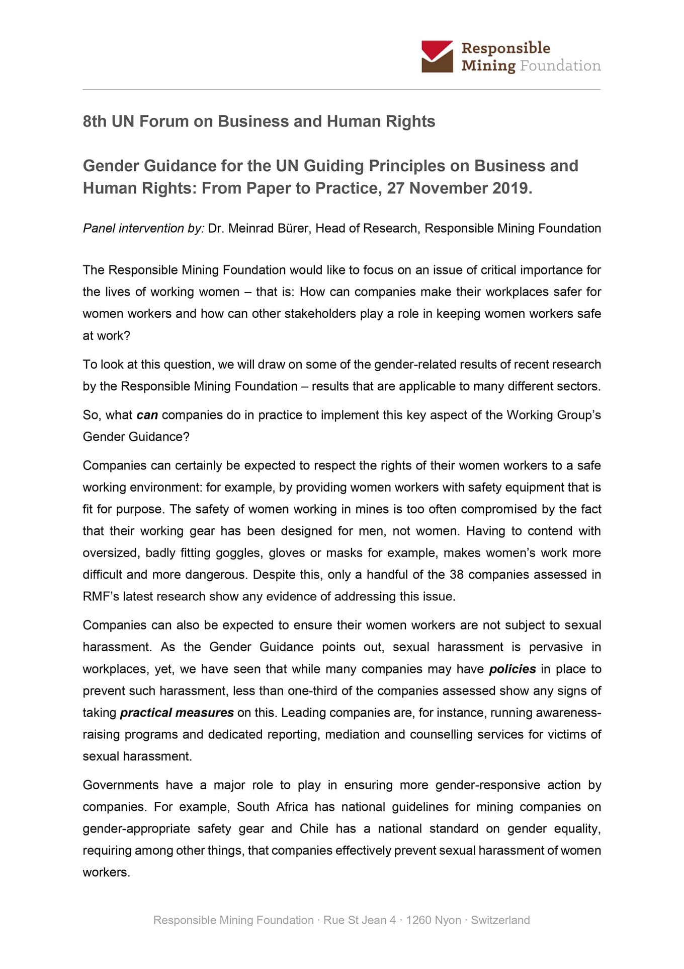 Gender Roundtable on 2019 UN Forum: "Gender Guidance for the UNGPS: From Paper to Practice"