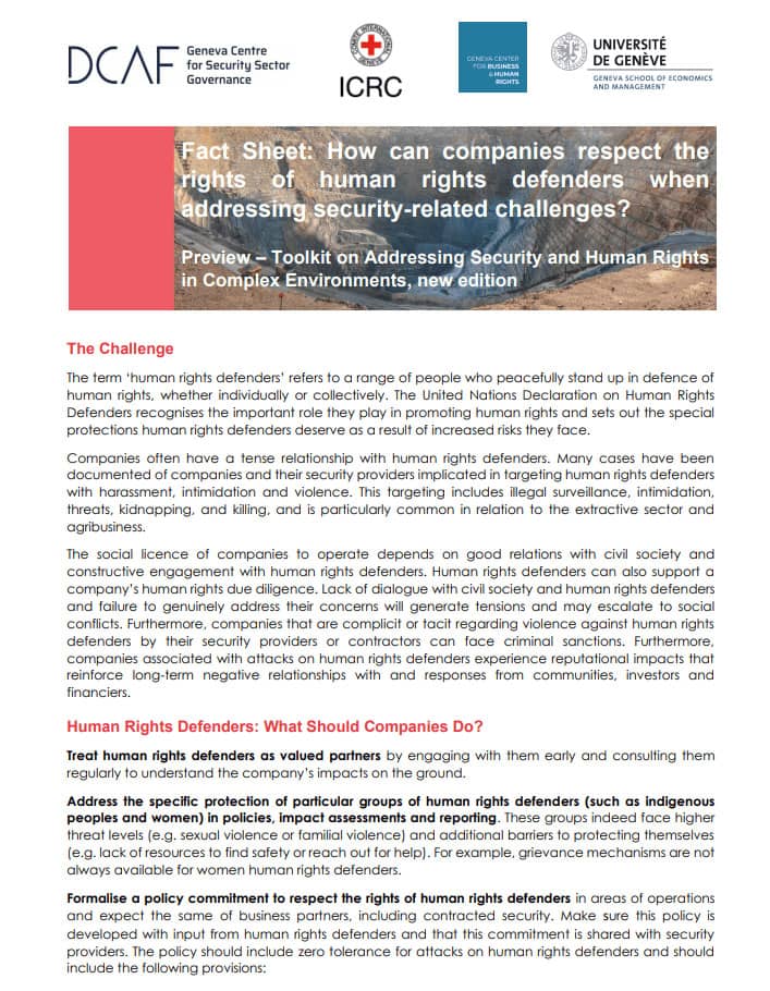 Fact Sheet: How can companies respect the rights of human rights defenders when addressing security-related challenges?