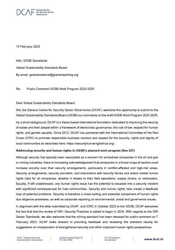 DCAF Submission to the Global Reporting Initiative’s public consultation on the Global Sustainability Standards Board Workplan 2023-2025