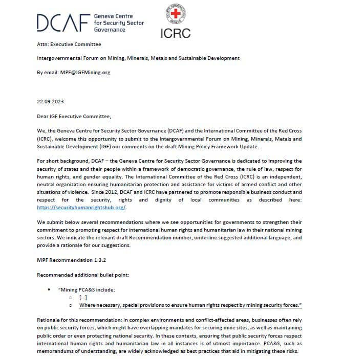 DCAF-ICRC Partnership contribution to the 2023 update of the Mining Policy Framework