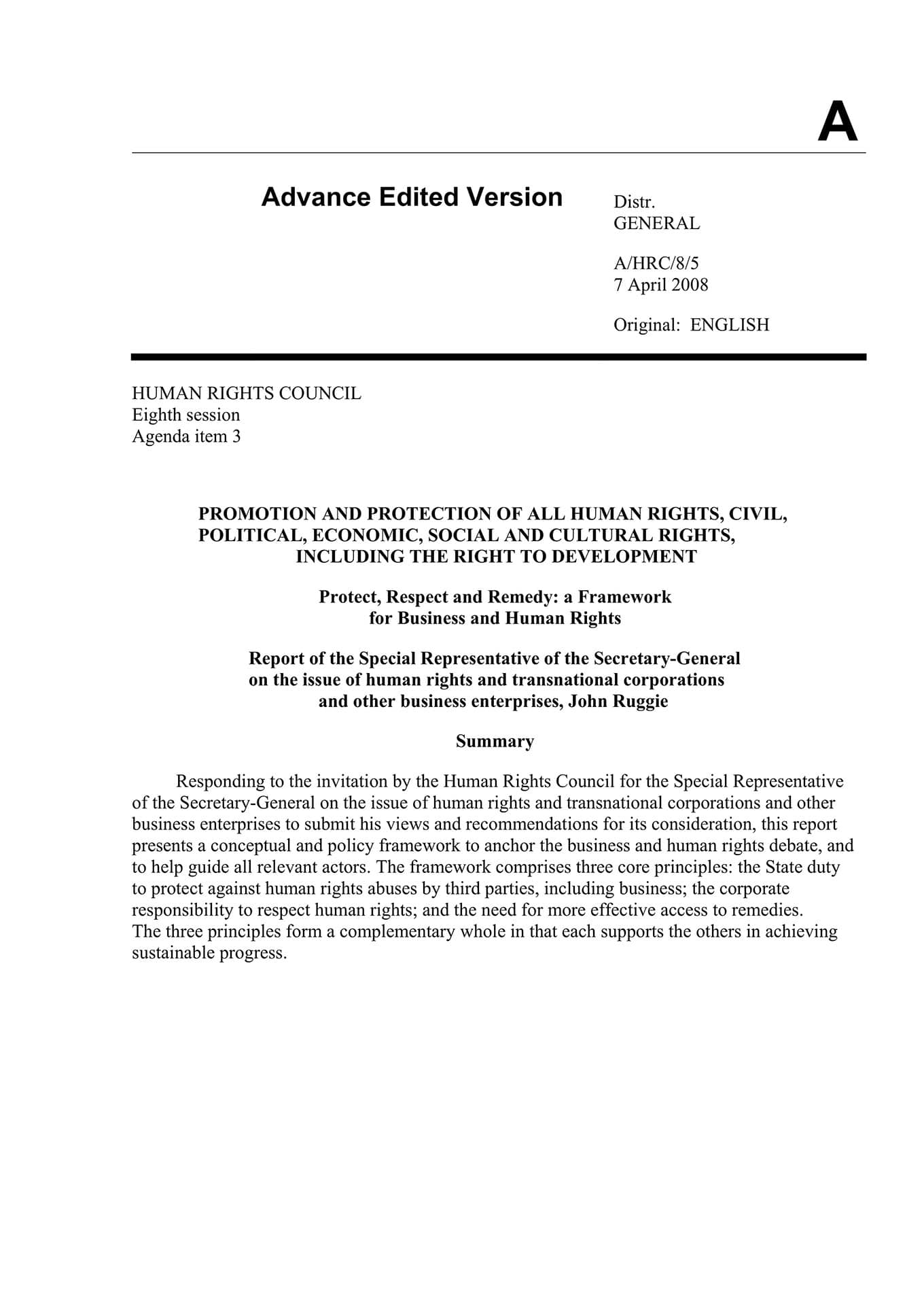 Protect, Respect and Remedy: a Framework for Business and Human Rights (Report for the UN Human Rights Council, 2008)