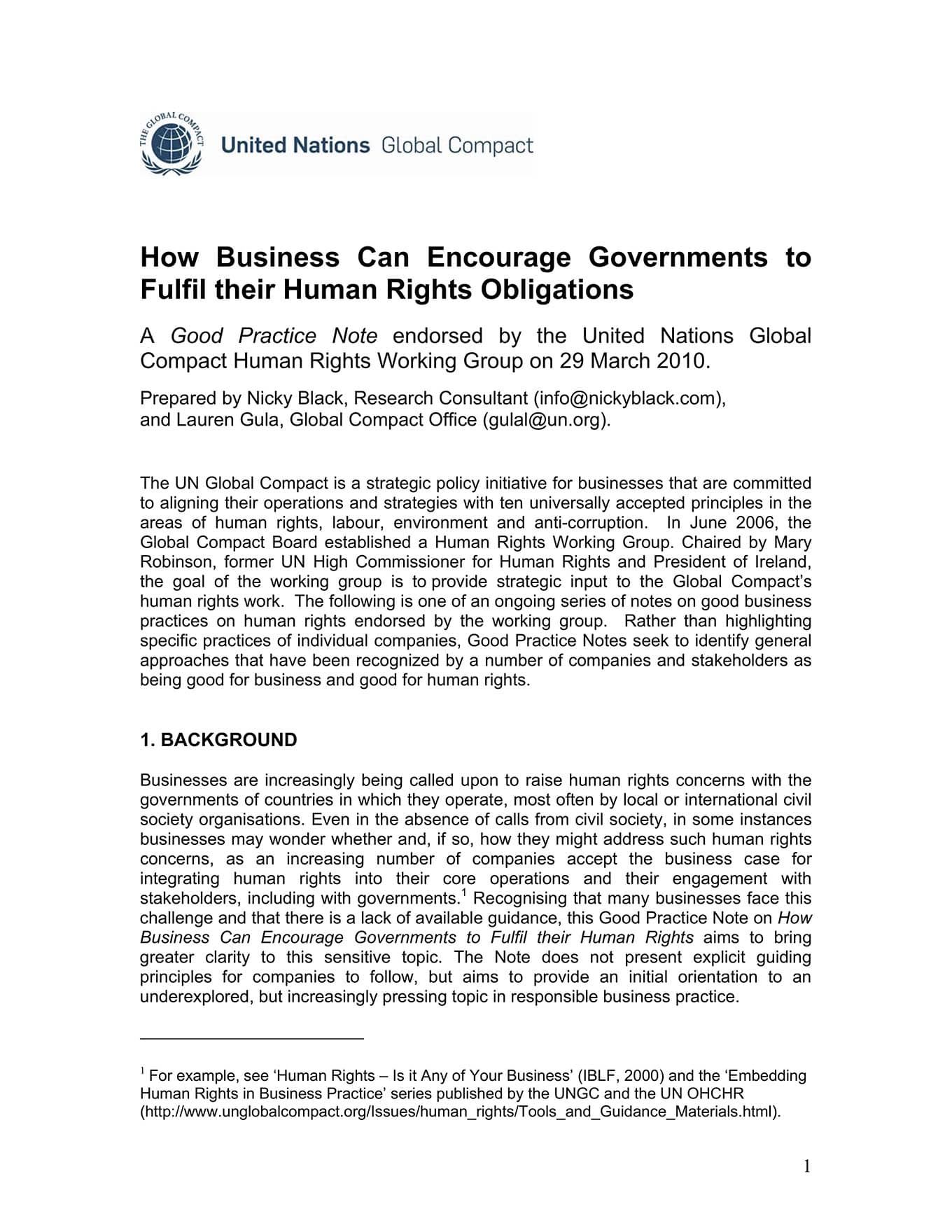 How Business Can Encourage Governments to Fulfil their Human Rights Obligations (United Nations Global Compact, 2010)